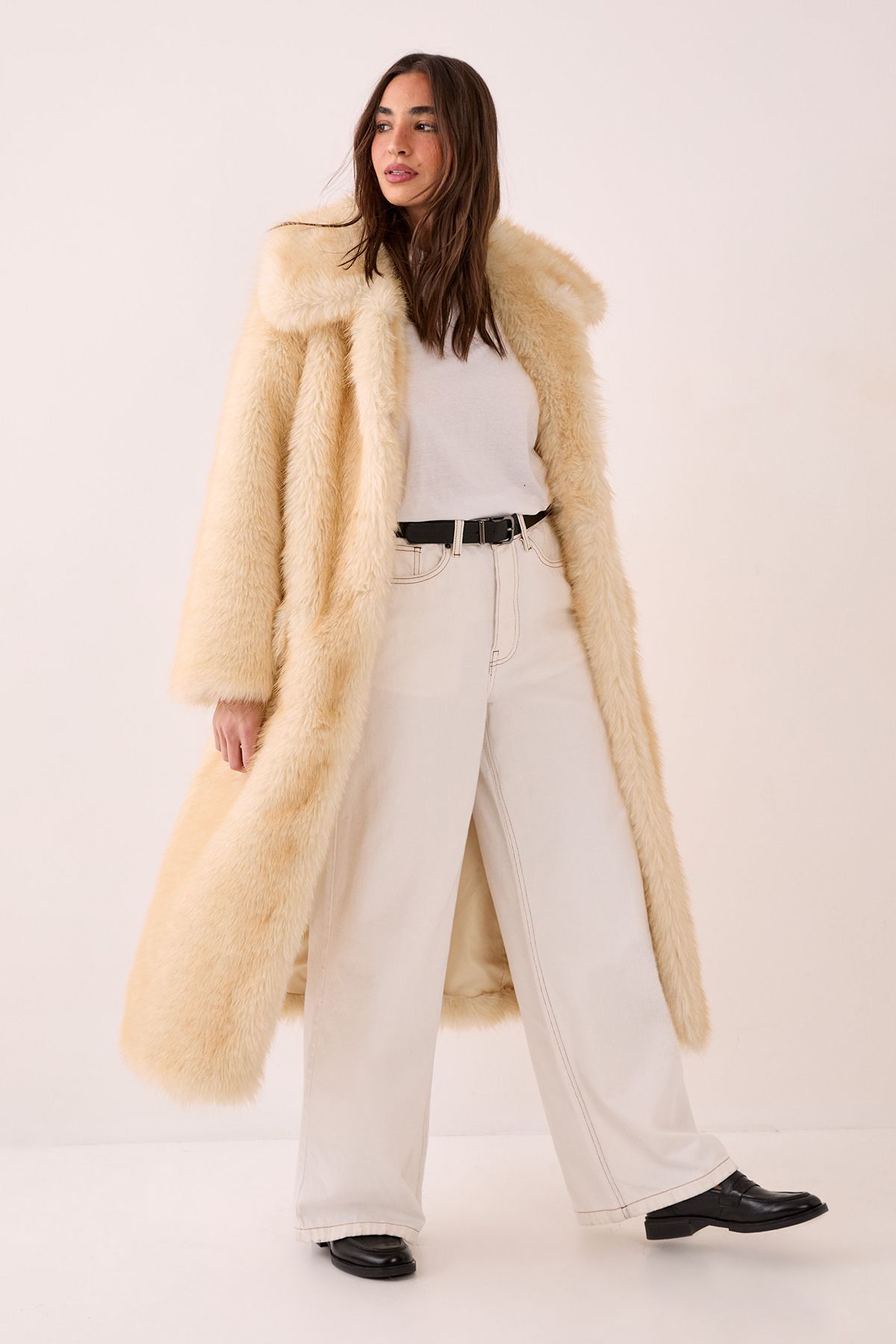 NastyGal Belted Tipped Faux Fur Coat Lemon image 1