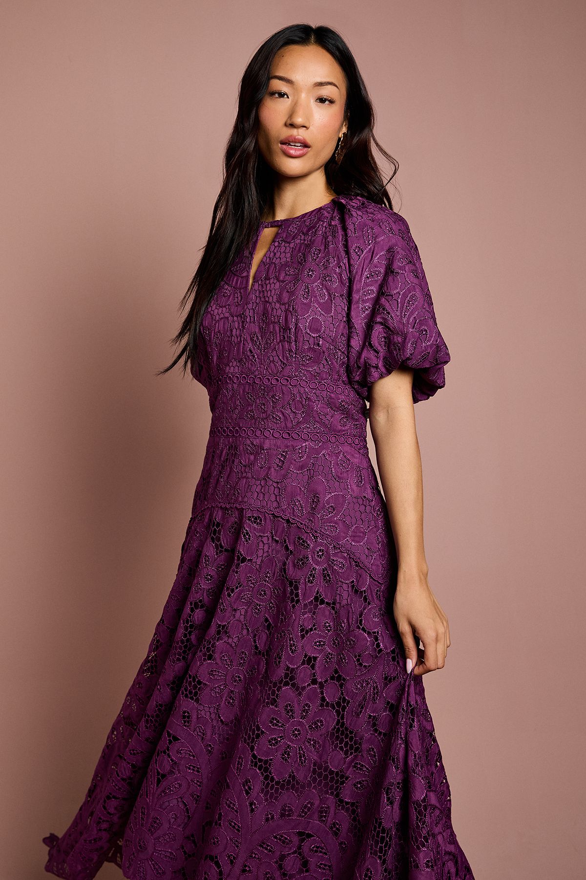 Coast Lace Hanky Hem Puff Sleeve Dress Plum image 2
