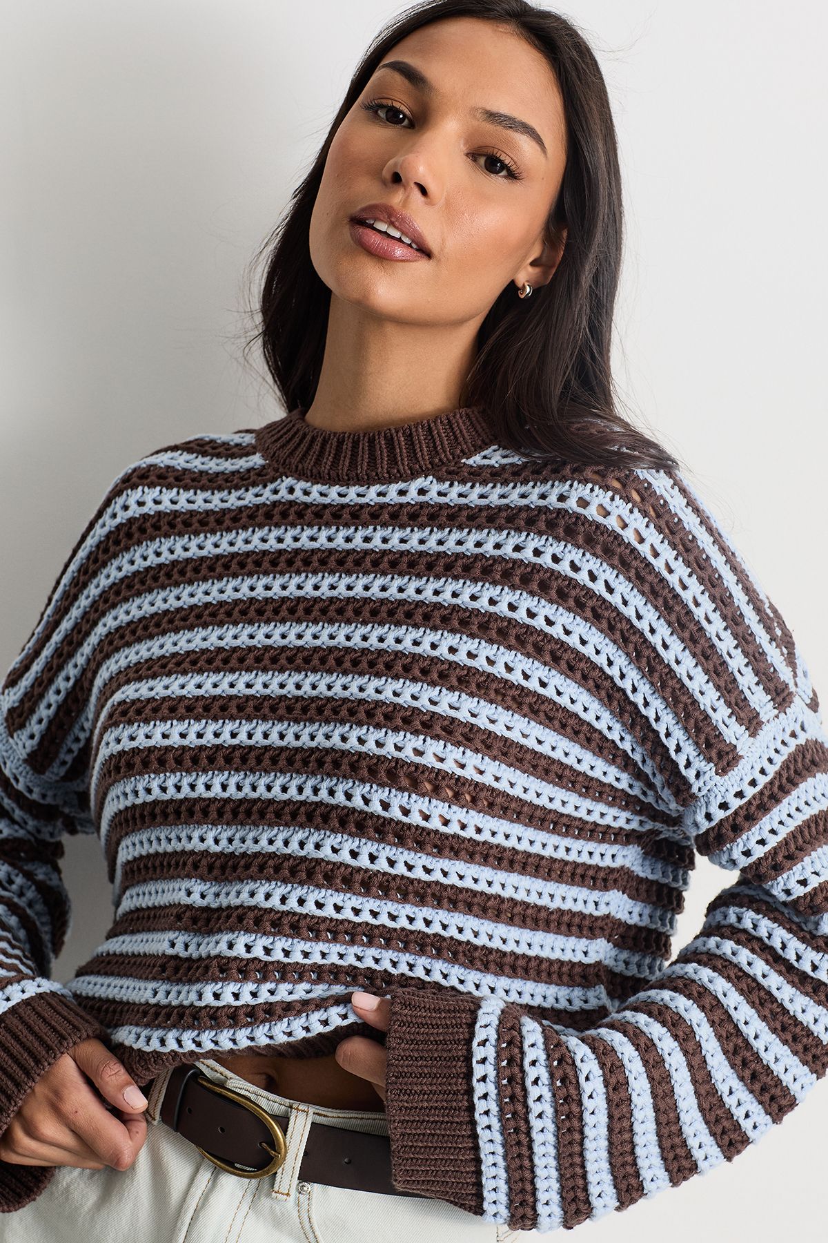 Warehouse Striped Dropped Shoulder Crochet Jumper Multi image 4
