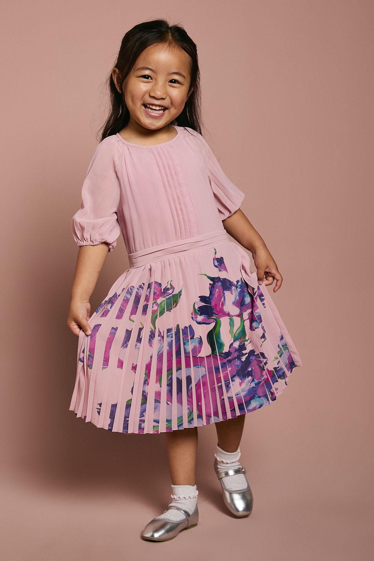 Coast Children's Pleat Skirt Placement Print Short Sleeve Dress Pink image 2