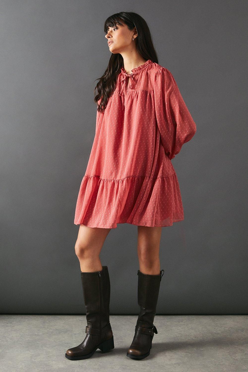 Warehouse Dobby Chiffon Tie Neck Drop Hem Mini Smock Dress Rose image 1