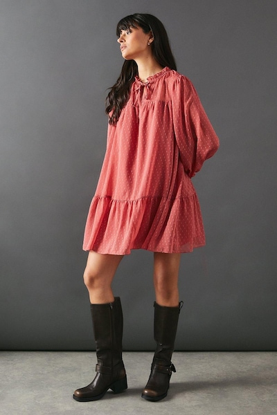 Warehouse Dobby Chiffon Tie Neck Drop Hem Mini Smock Dress Rose