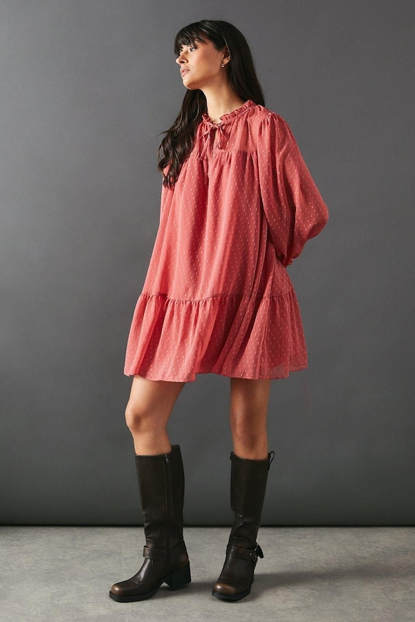 Warehouse Dobby Chiffon Tie Neck Drop Hem Mini Smock Dress Rose