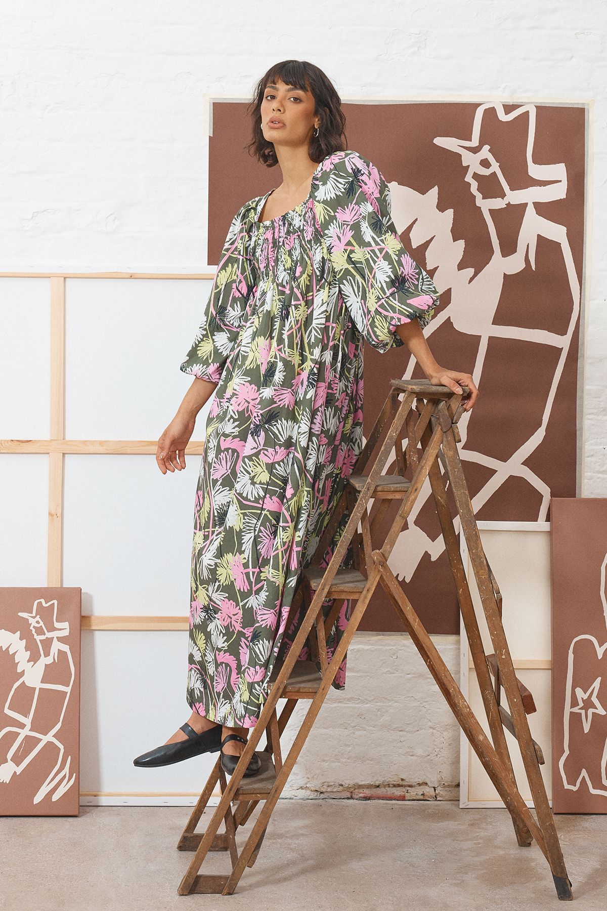 Warehouse Tony Cotton Shirred Square Neck Midi Dress Multi