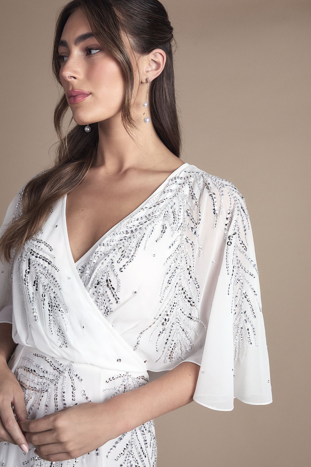 Coast Sequin and Embellished Angel Sleeve Wrap Detail Maxi Wedding Dress with Cape Back Ivory image 4
