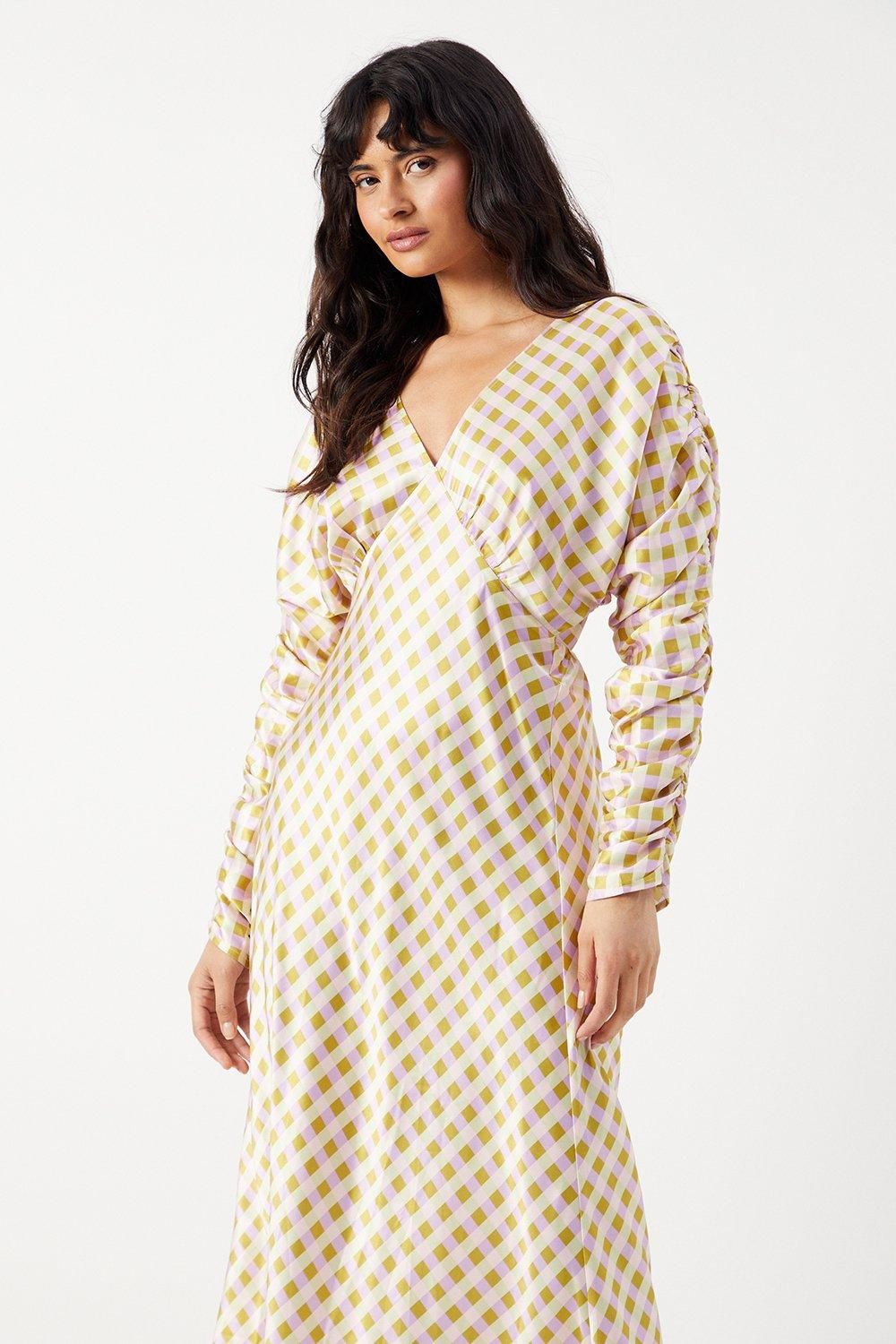 Warehouse Gingham Satin Batwing Bias Midi Dress Lilac image 2