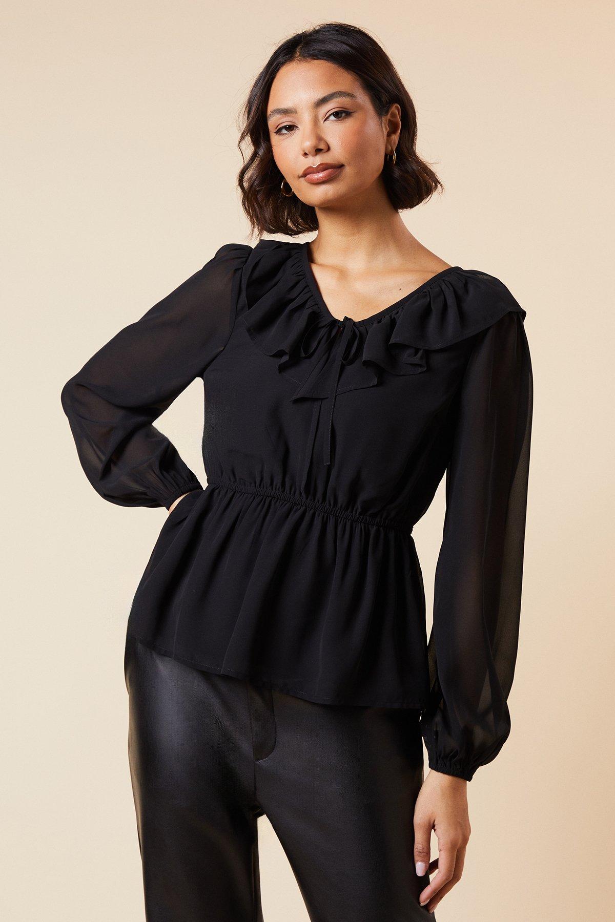 Dorothy Perkins Ruffle Front Long Sleeve Blouse Black image 1