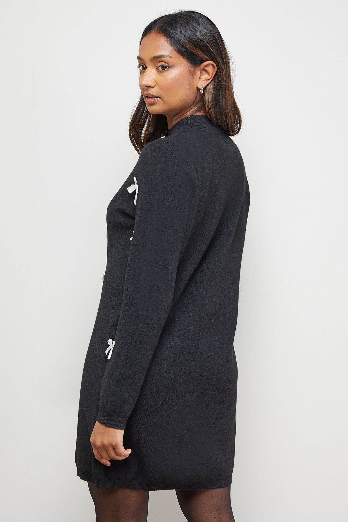 Oasis Bow Front High Neck Knitted Mini Dress Black image 3
