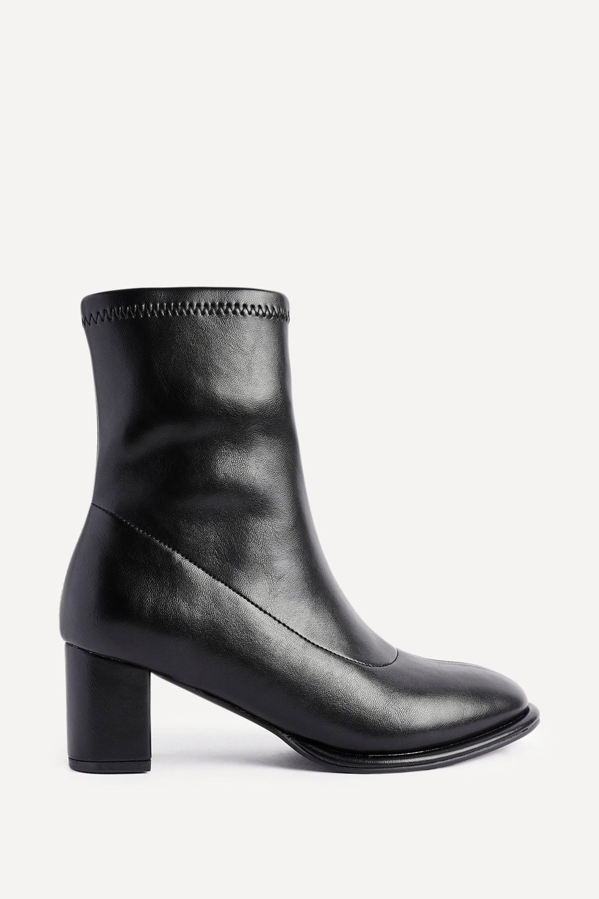 Linzi Rita Black Faux Leather Round Toe Block Heel Sock Boot