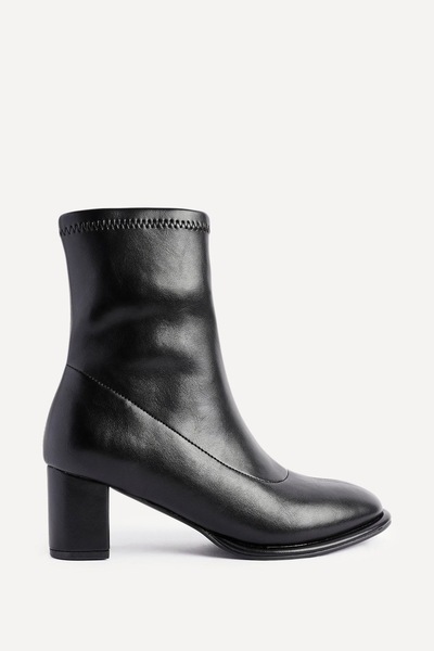 Linzi Rita Black Faux Leather Round Toe Block Heel Sock Boot