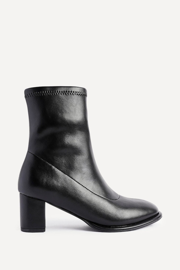 Linzi Rita Black Faux Leather Round Toe Block Heel Sock Boot