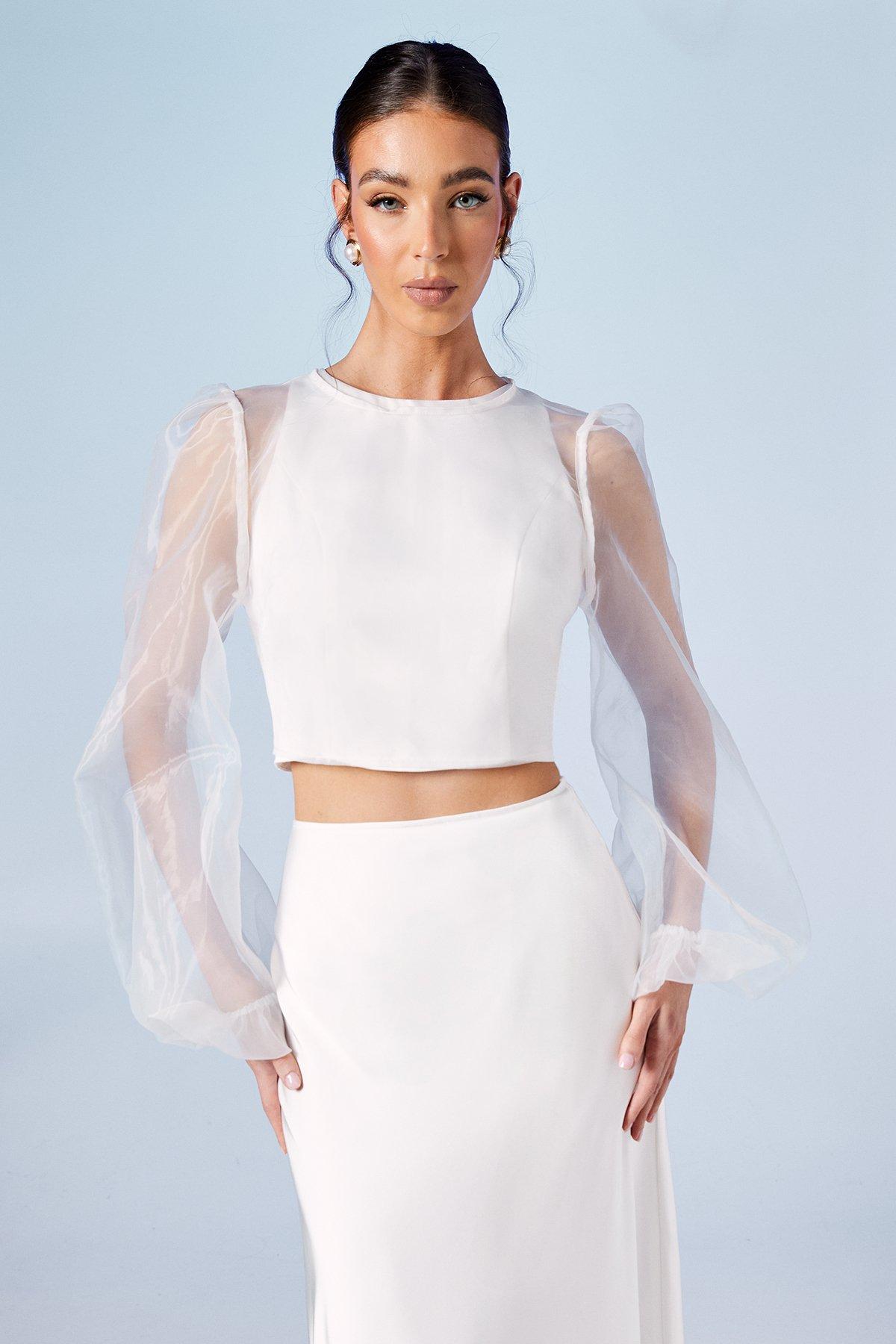 Crop Sheer Bridal Top Oasis Ivory Blouson Sleeve Organza Bridal