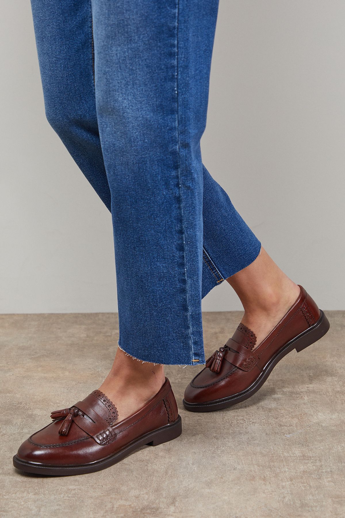 Oasis Bunny Real Leather Brogue Detail Tassel Loafers Dark Tan image 2