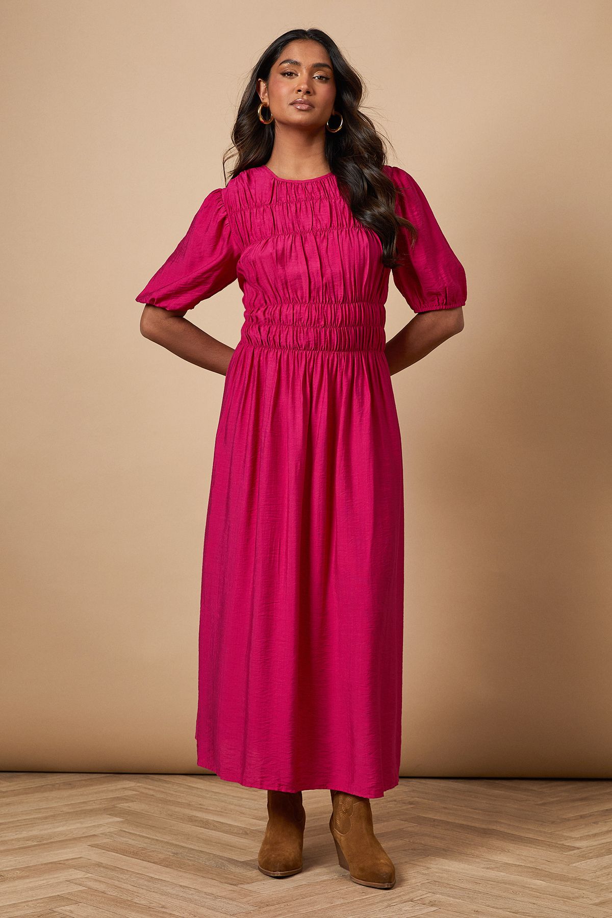 Oasis Shirred Bodice Puff Sleeve Midi Dress Pink image 1