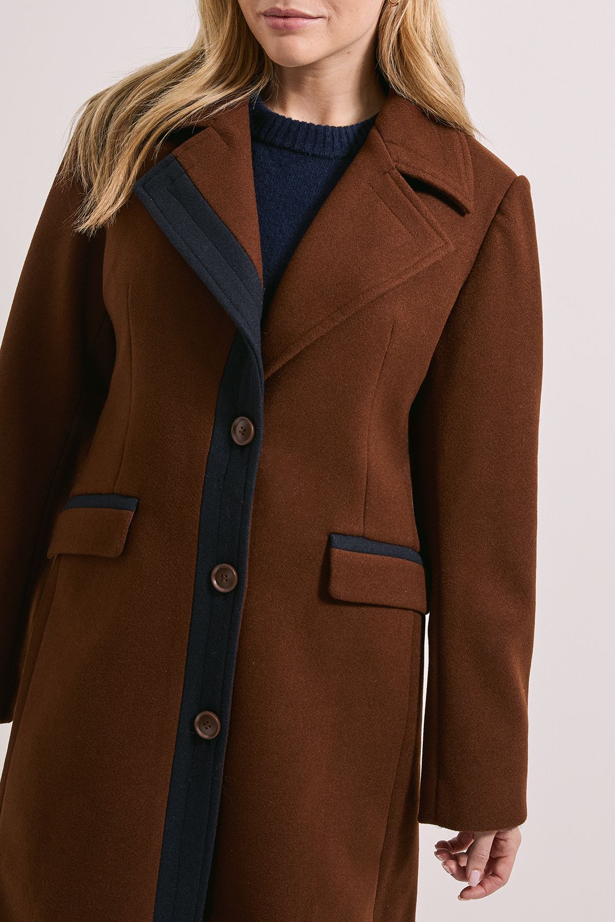 Dorothy Perkins Contrast Detail Single Breasted Midi Coat Chocolate image 5