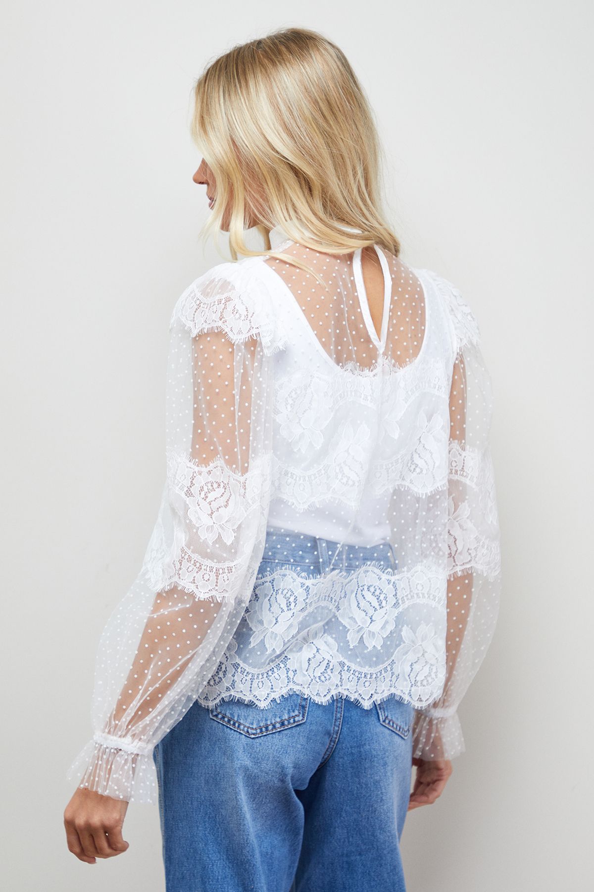 Oasis Lace Frill Detail High Neck Sheer Blouse Ivory image 3