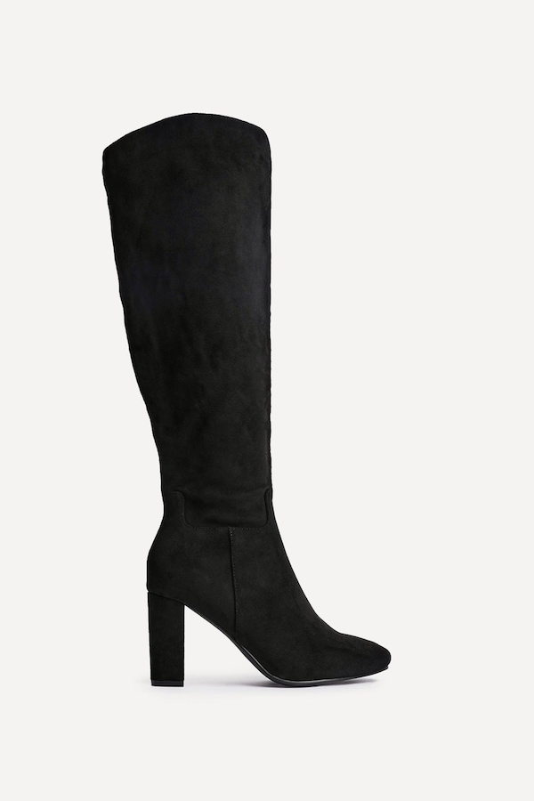 Linzi Claim Black Faux Suede Knee High Block Heeled Boot