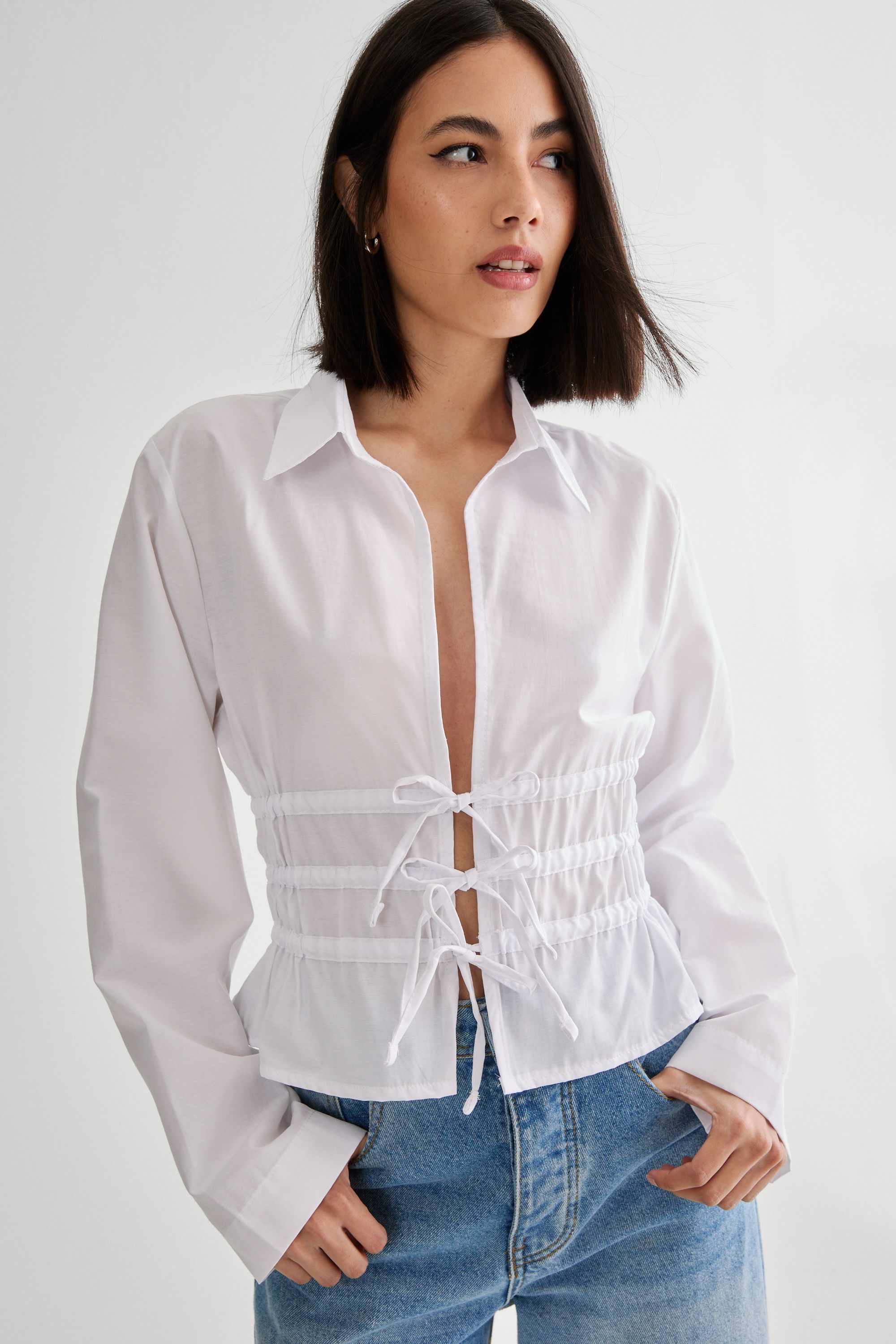 NastyGal Tie Front Long Sleeve Shirt White image 3