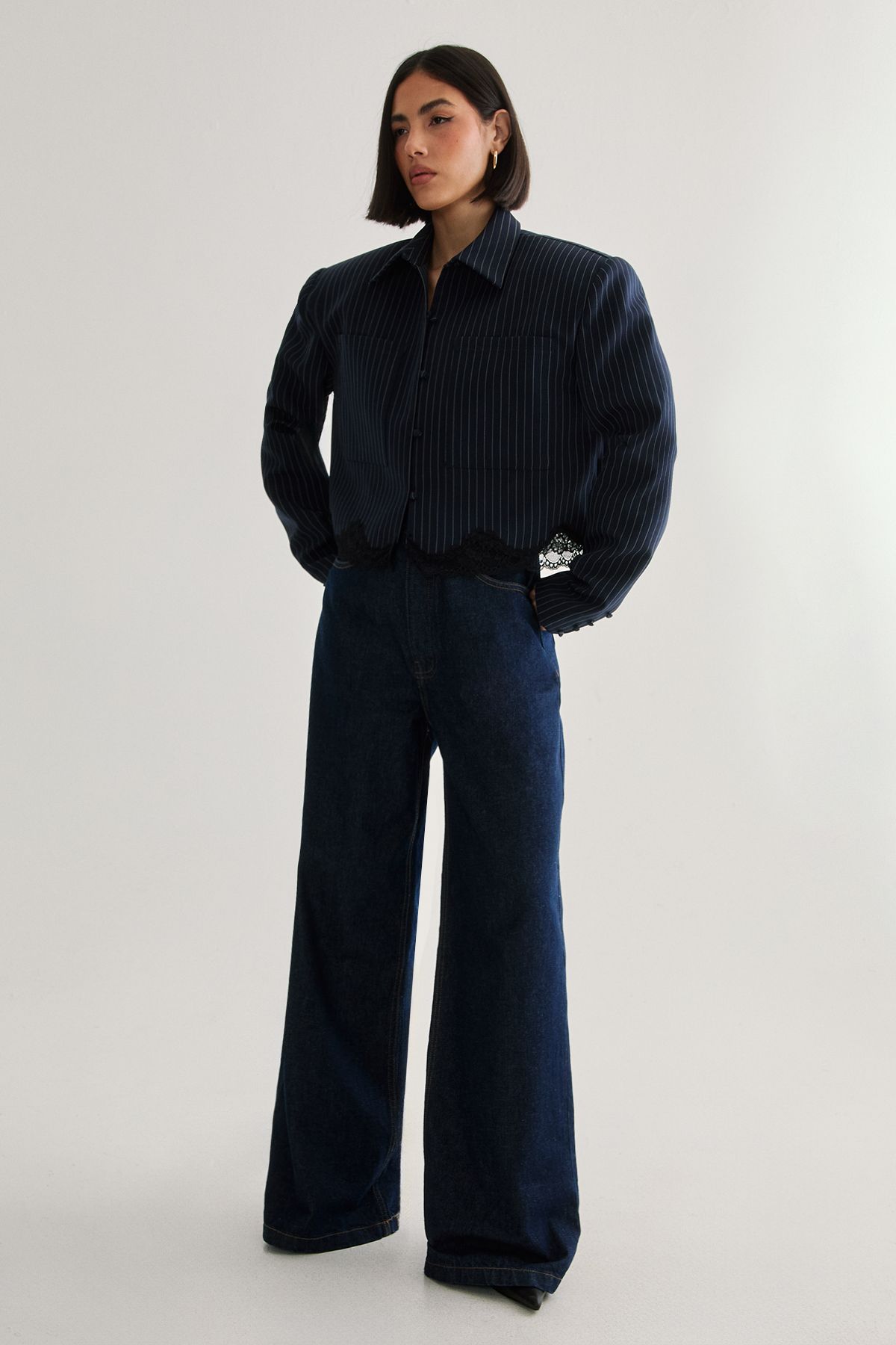 NastyGal Lace Hem Tailored Pinstripe Jacket Navy