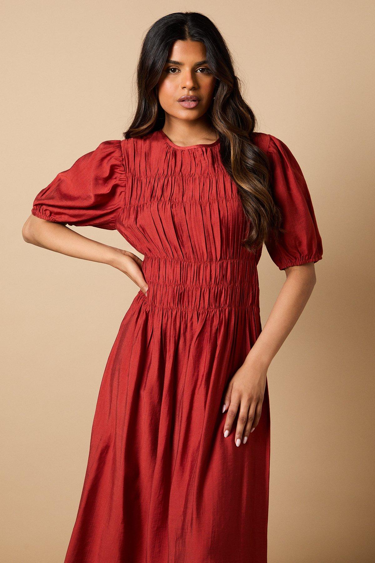 Oasis Petite Shirred Bodice Puff Sleeve Midi Dress Brick image 2