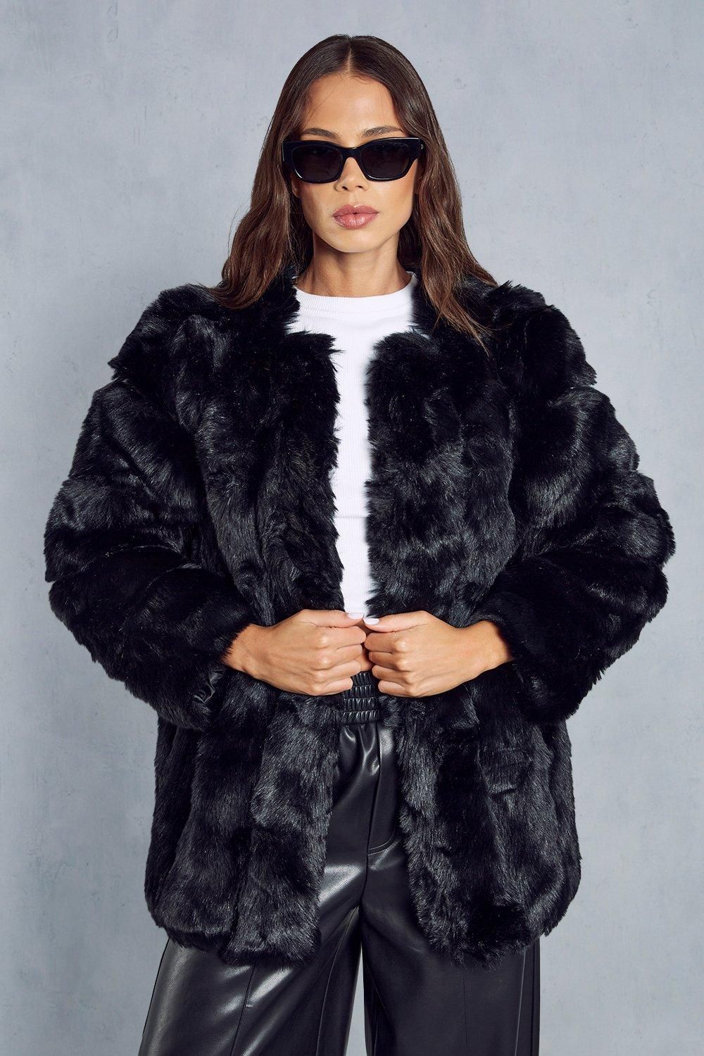 MissPap Oversized Luxe Panelled Faux Fur Coat Black image 1