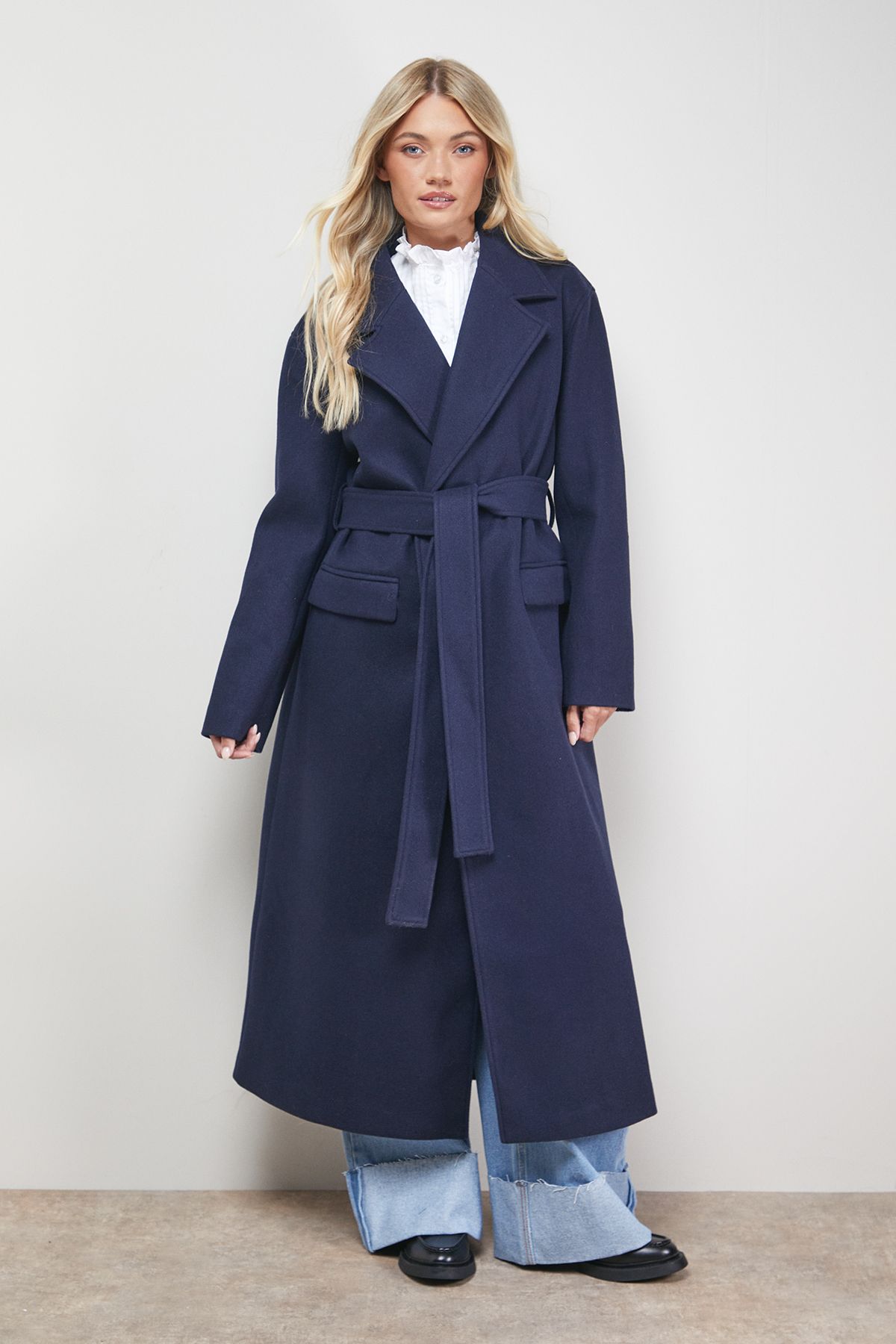 Oasis Tie Belt Detail Midi Coat Navy image 1
