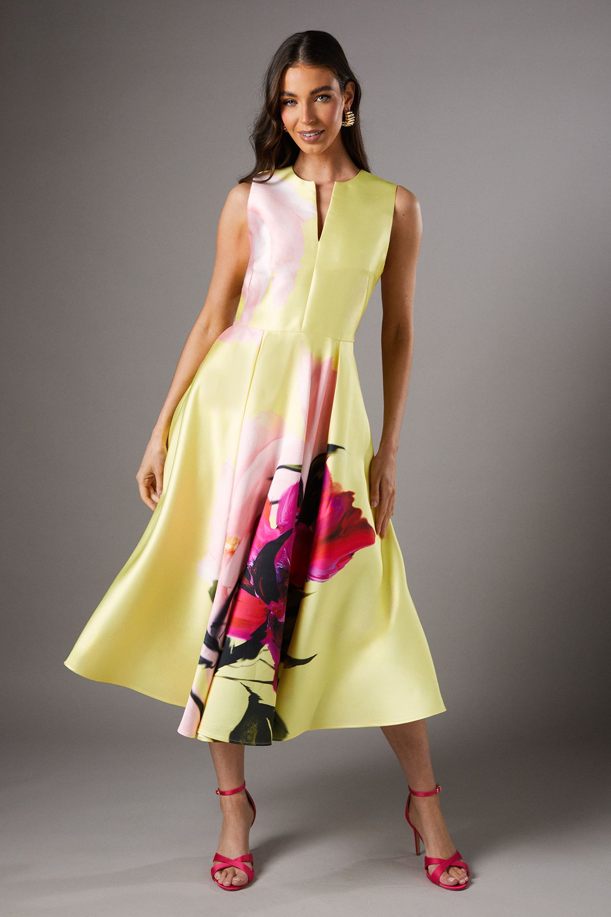 Coast Twill Notch Neck Printed Midi Dress Yellow image 1