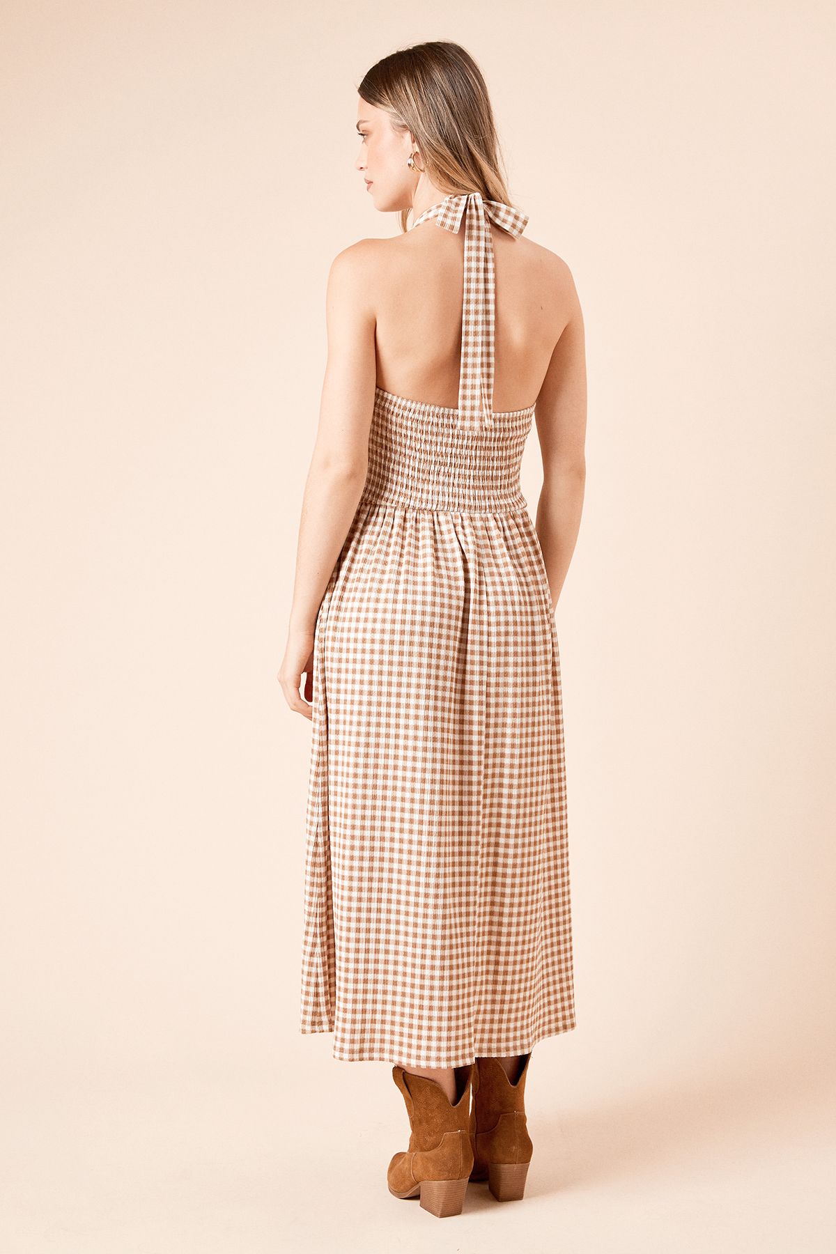 Dorothy Perkins Gingham Shirred Bodice Halterneck Jersey Midi Dress Gingham image 4