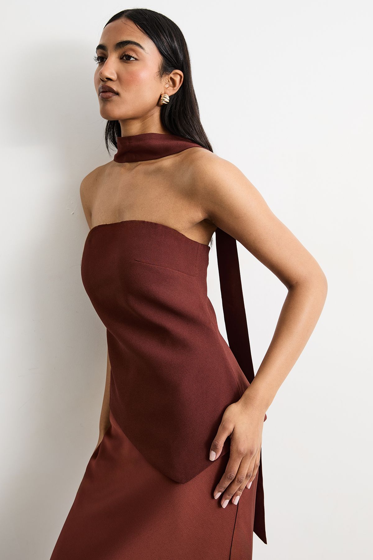 Warehouse Strapless Structured Bodice Satin Midi Dress Chocolate image 2