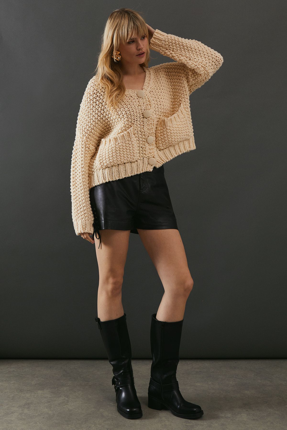 Warehouse Super Chunky Pocket Front Knitted Cardigan Ivory image 4