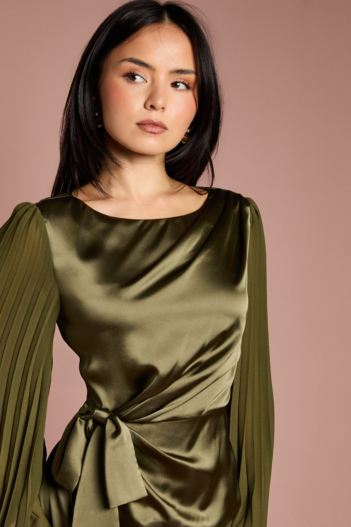 Coast Petite Satin Pleated Flare Sleeve Wrap Mini Dress Olive image 2