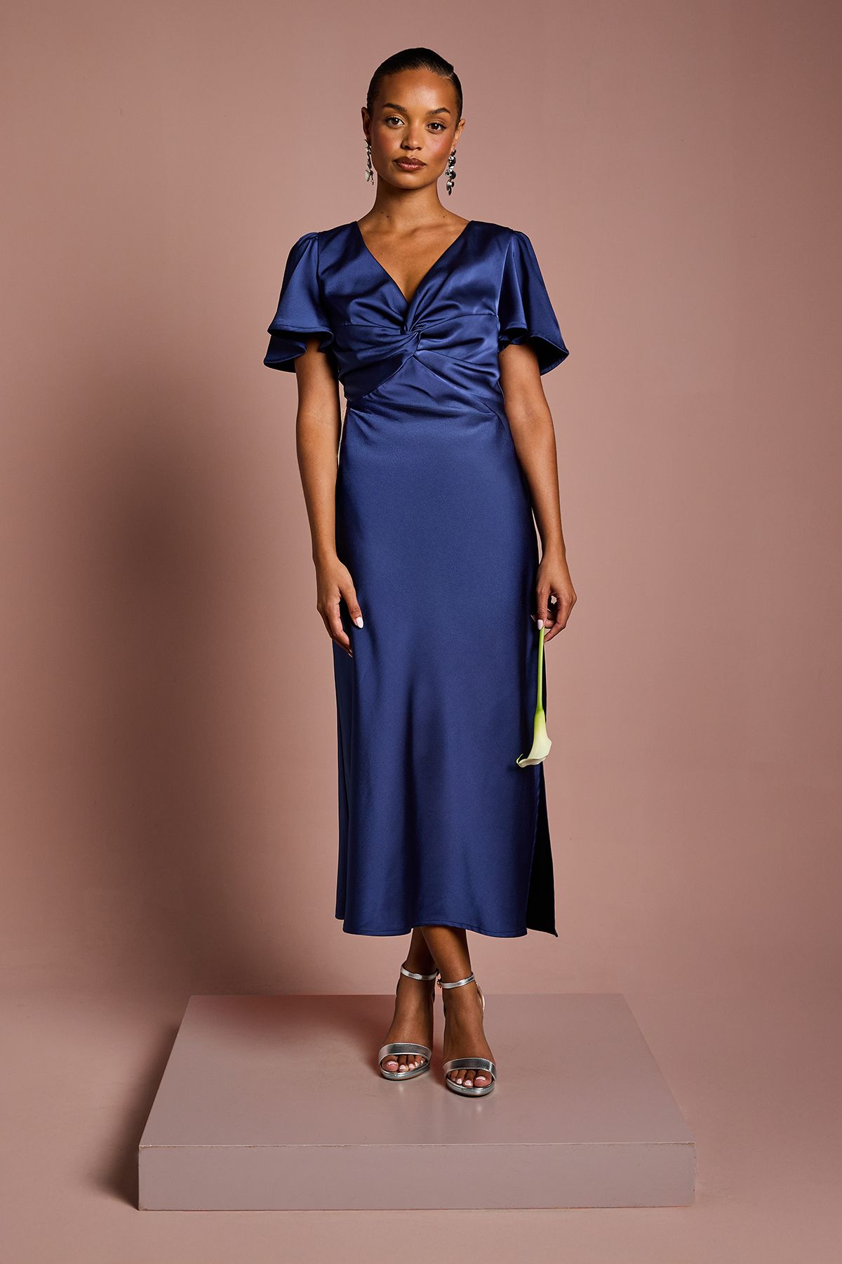 Oasis Oasis by Coast Petite Satin Twist Angel Sleeve Midi Bridesmaid Dress Navy