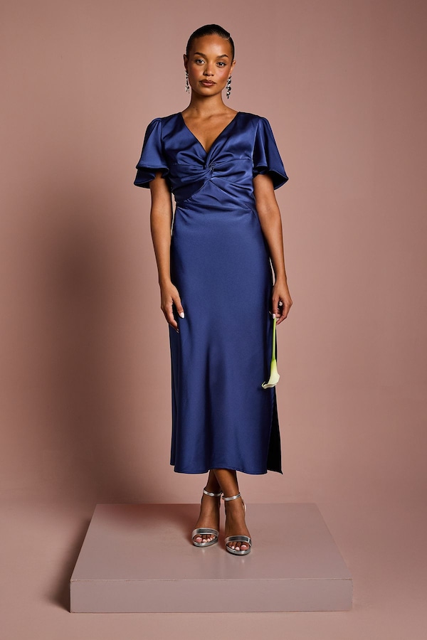 Oasis Oasis by Coast Petite Satin Twist Angel Sleeve Midi Bridesmaid Dress Navy
