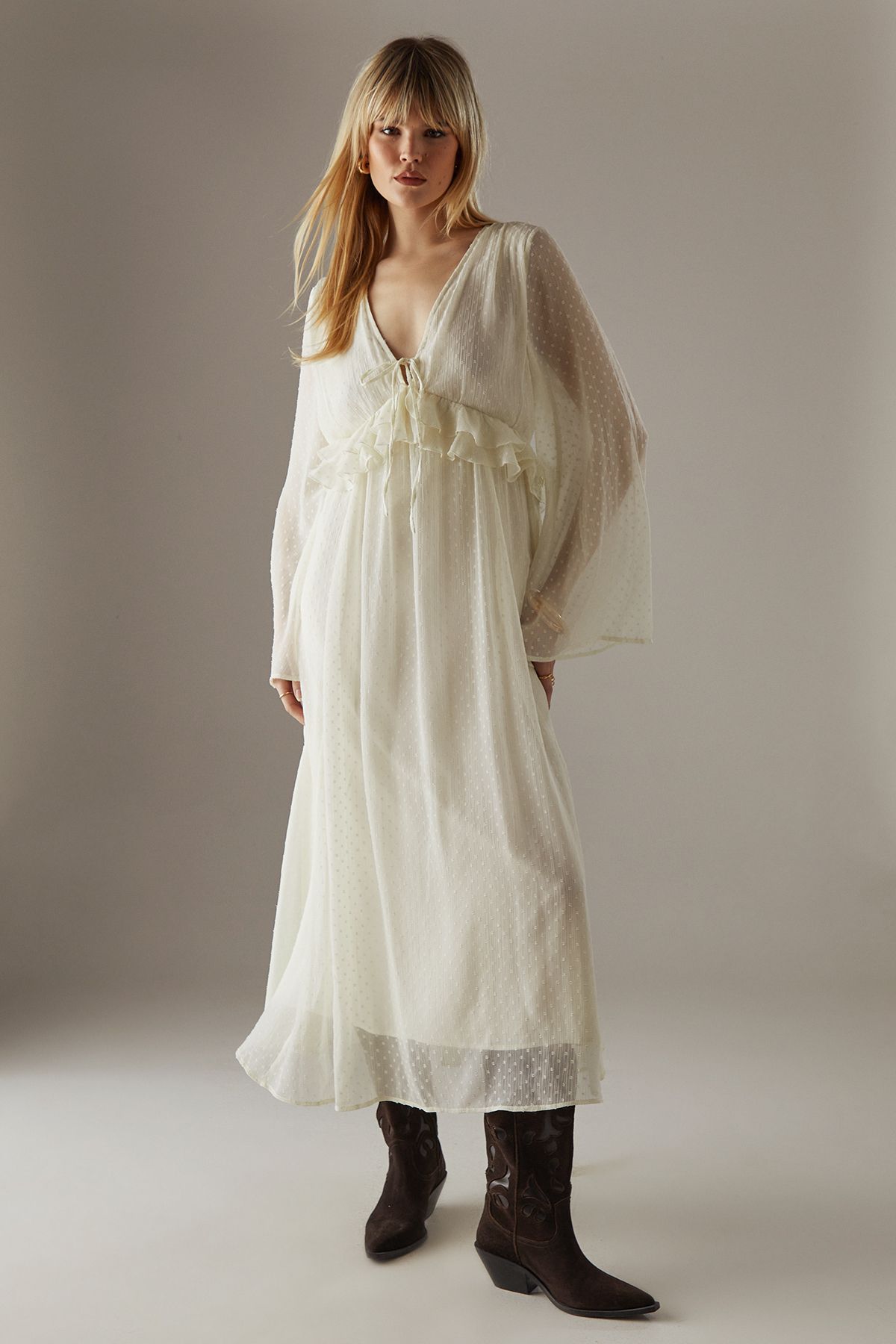 Warehouse Dobby Chiffon Plunge Neck Ruffle Midi Smock Dress Cream image 1