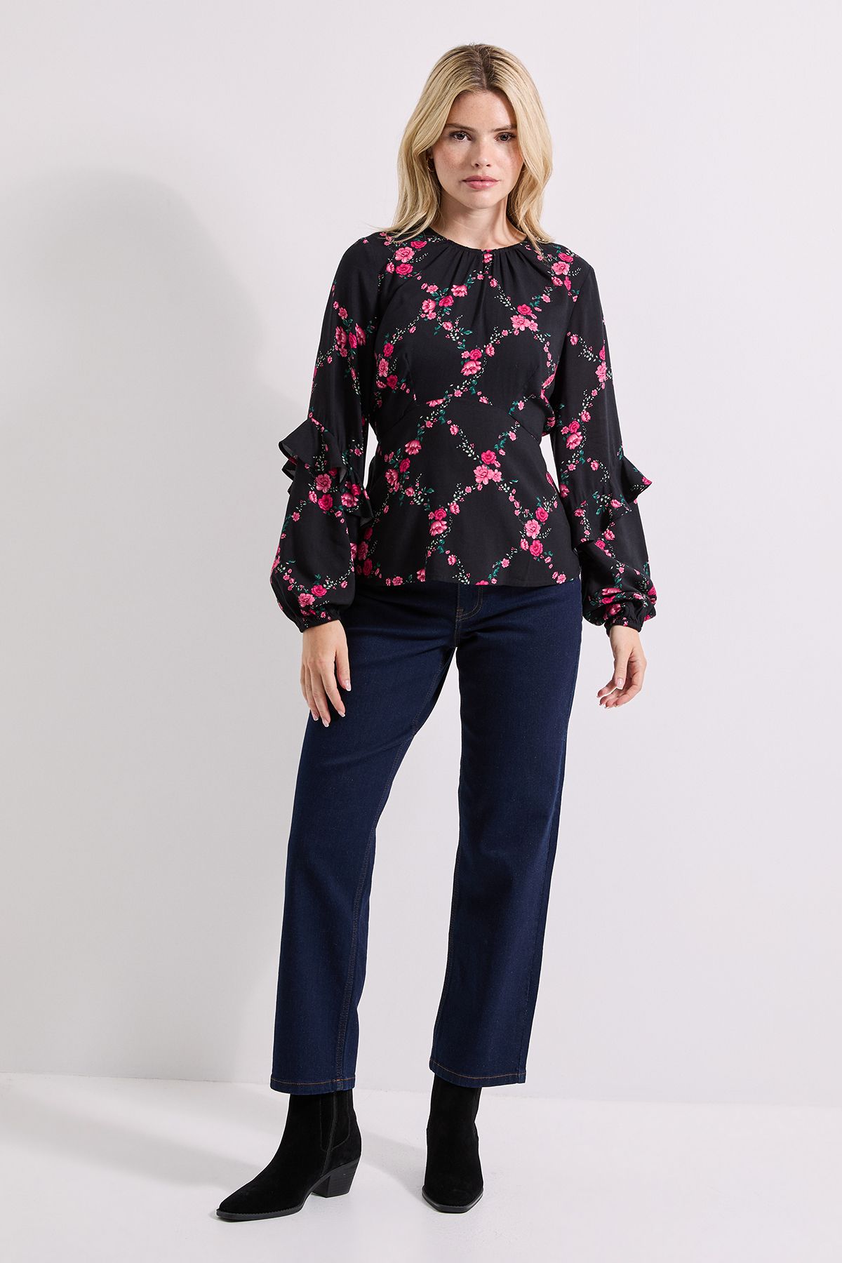 Dorothy Perkins Black Floral Blouson Sleeve Empire Seam BLouse Floral image 2