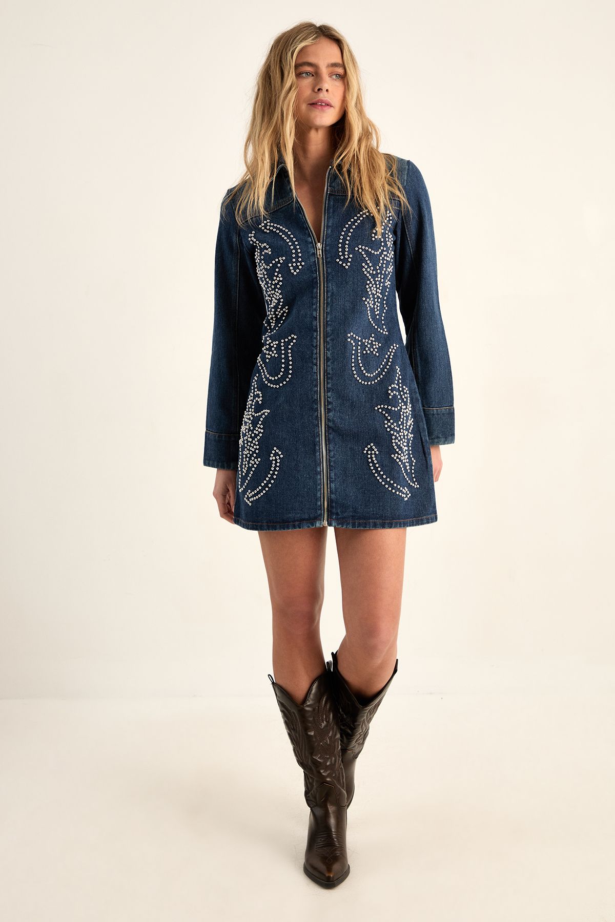 NastyGal Western Studded Zip Front Denim Mini Dress Authentic Midwash image 1