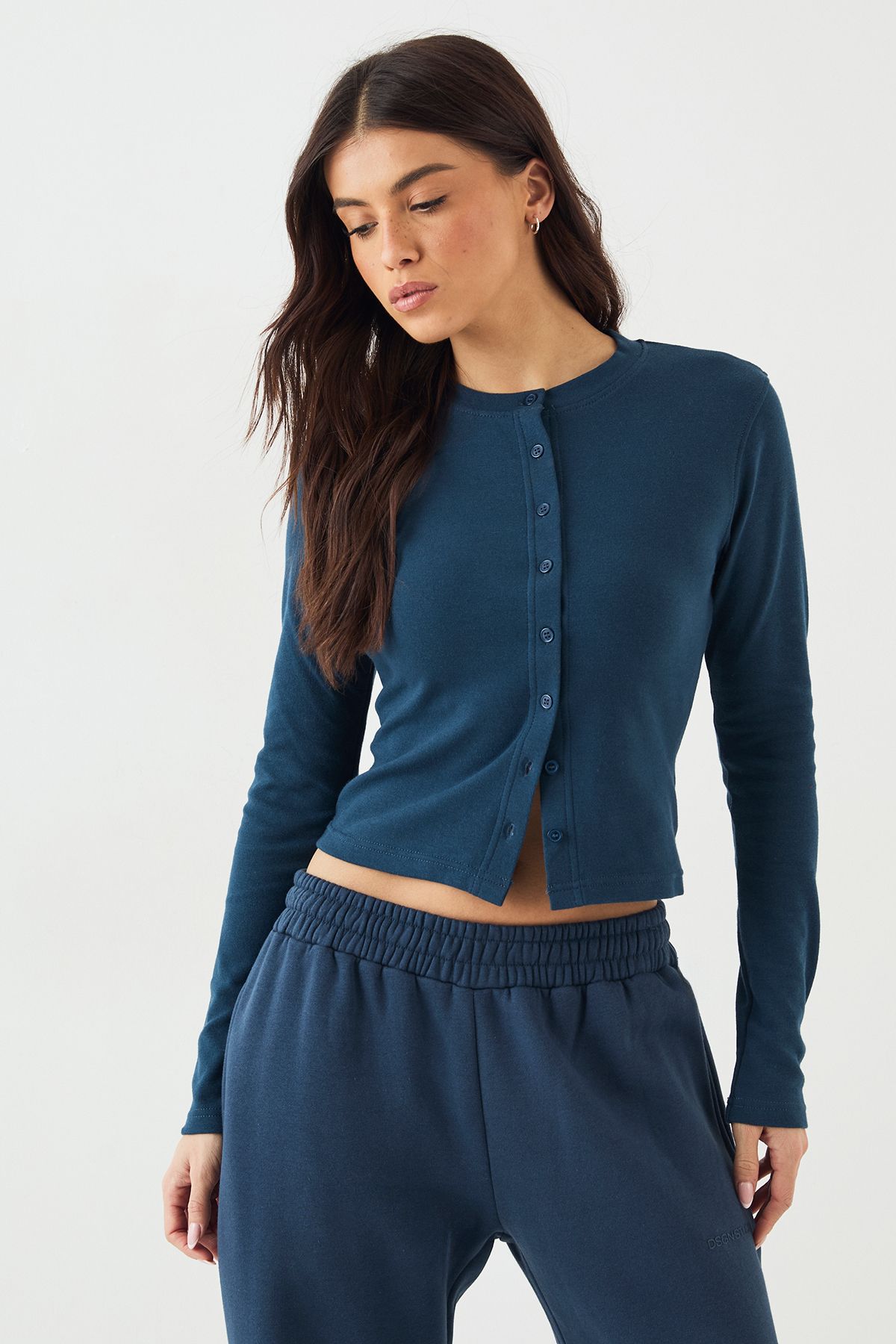 DSGN Studio DSGN Studio Button Through Crew Neck Long Sleeve Top Indigo image 1
