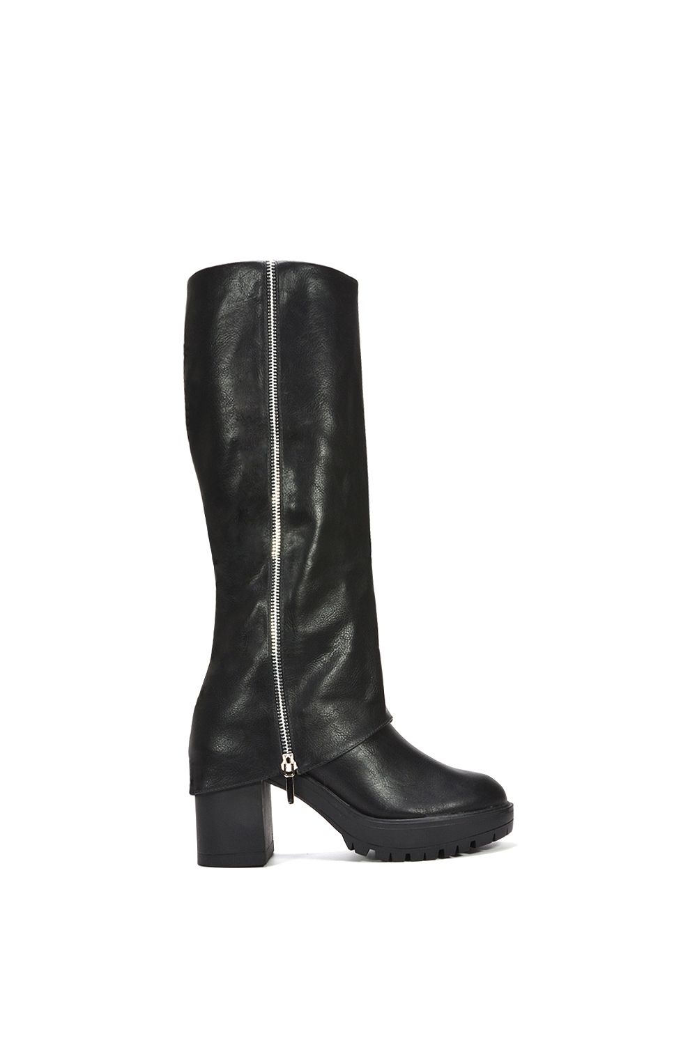 XY London 'Juliana' Fold Over Block Chunky Platform Black Knee High Boots