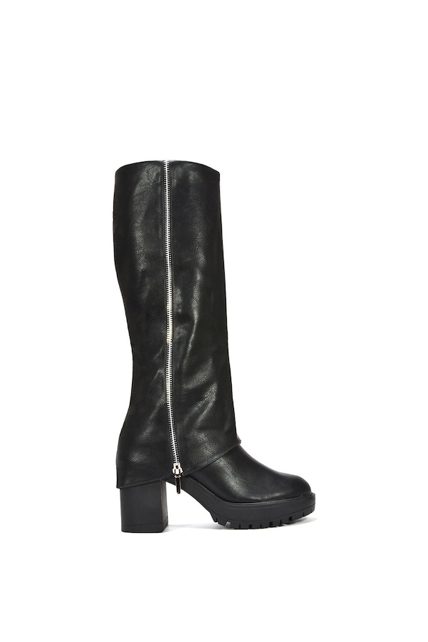XY London 'Juliana' Fold Over Block Chunky Platform Black Knee High Boots