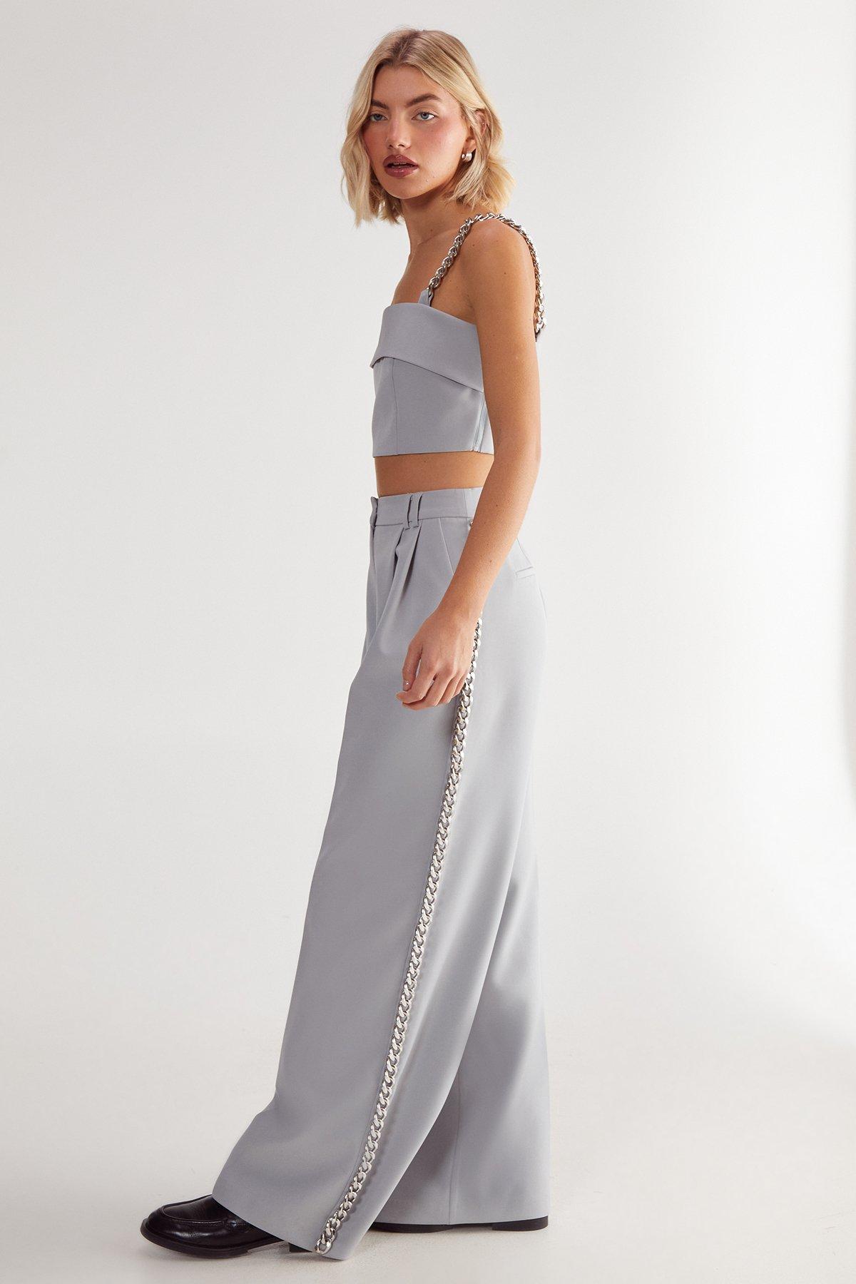 NastyGal Premium Tailored Chain Trim Trouser Pale Grey image 2