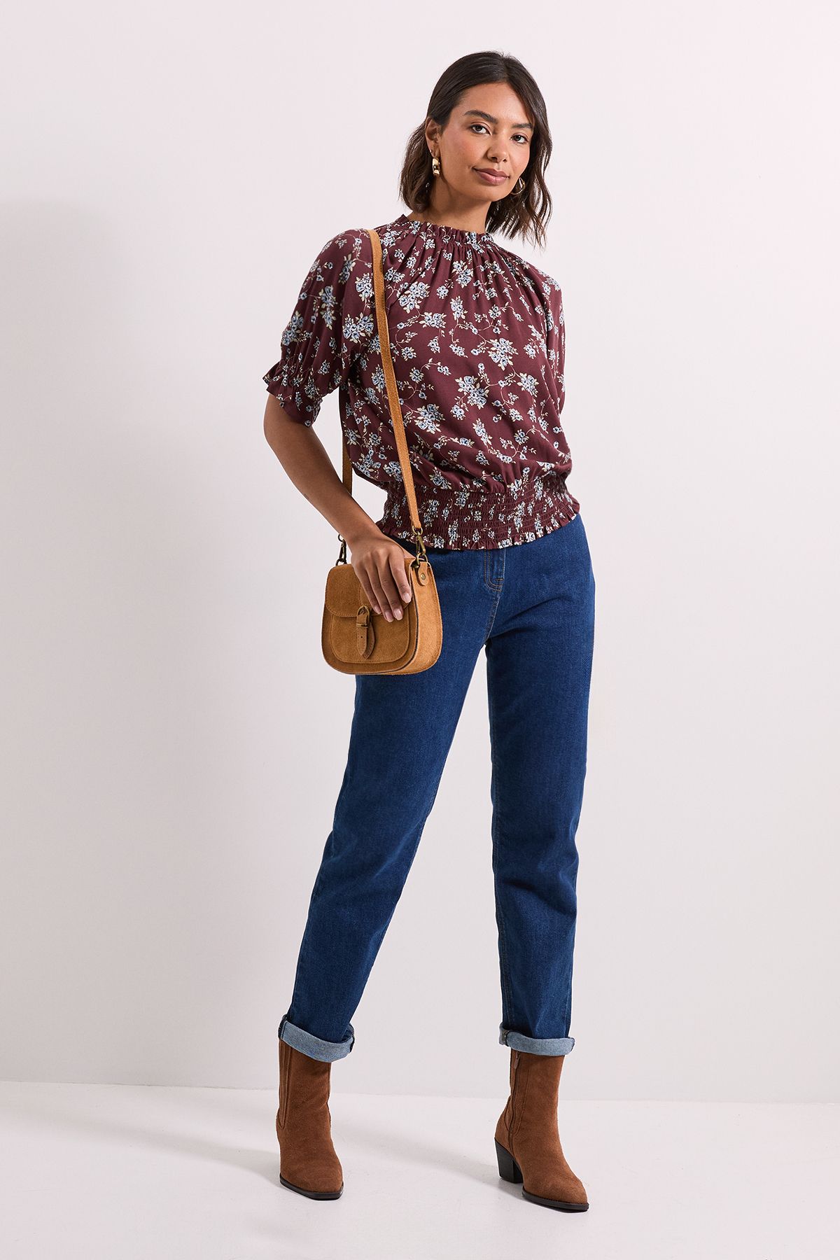 Dorothy Perkins Frill Neck Shirred Cuff Blouse Chocolate image 2