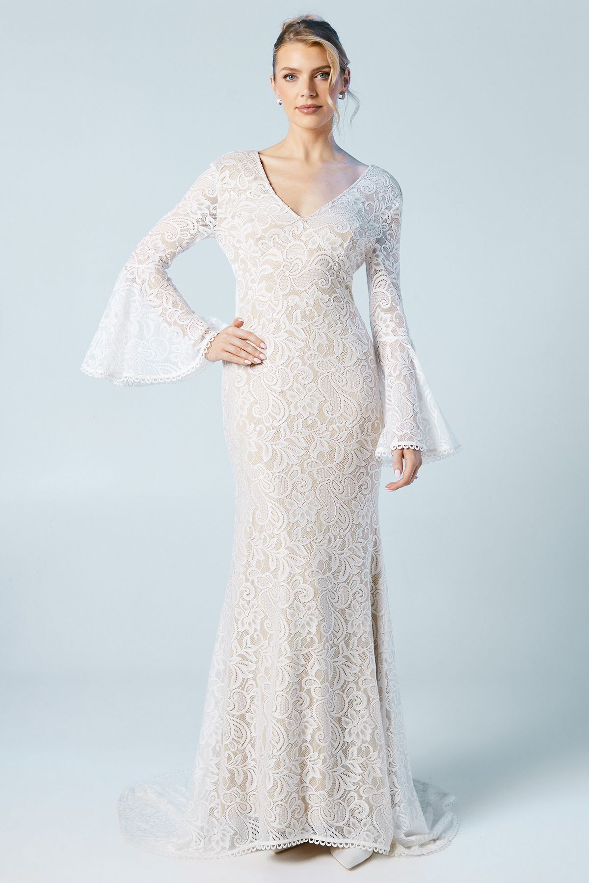 Oasis Flare Sleeve Boho Stretch Lace Fishtail Wedding Dress Ivory image 2