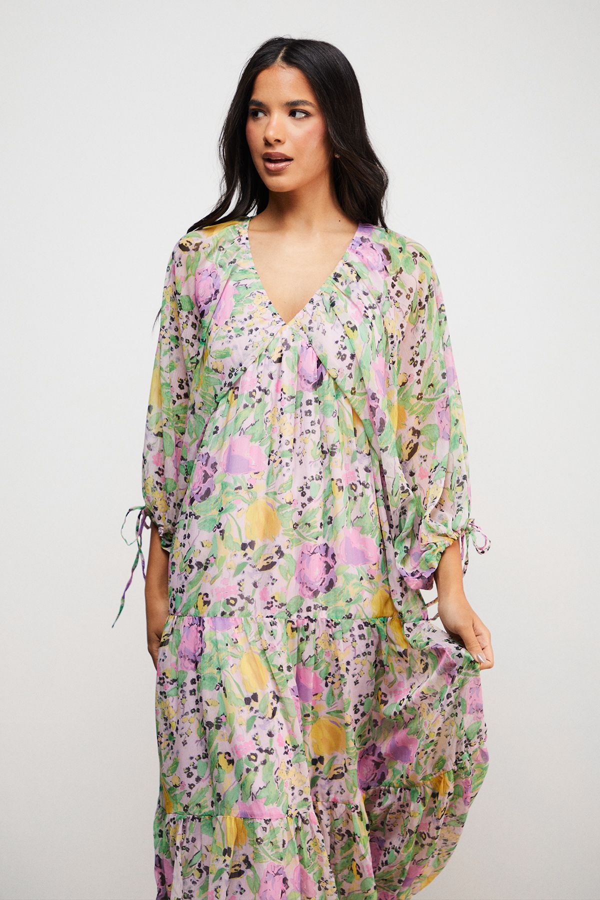 Warehouse Chiffon Batwing Midi Dress Floral image 2