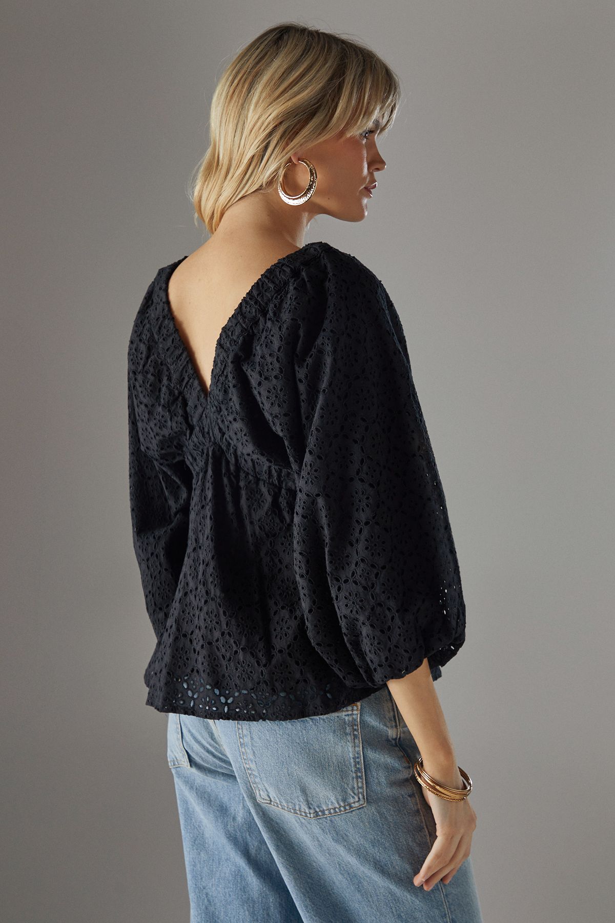 Warehouse Blouson Broderie Top With Grown On Sleeve Black image 4