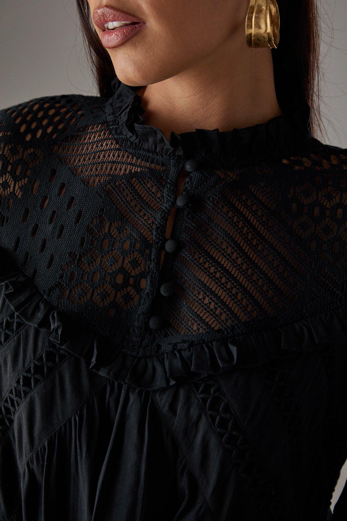 Warehouse HCD Cotton Lace Insert Mini Smock Dress Black image 5