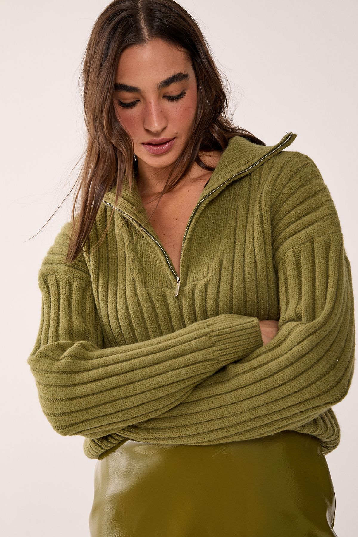 NastyGal Ribbed Knitted Quarter Zip Jumper Olive image 1