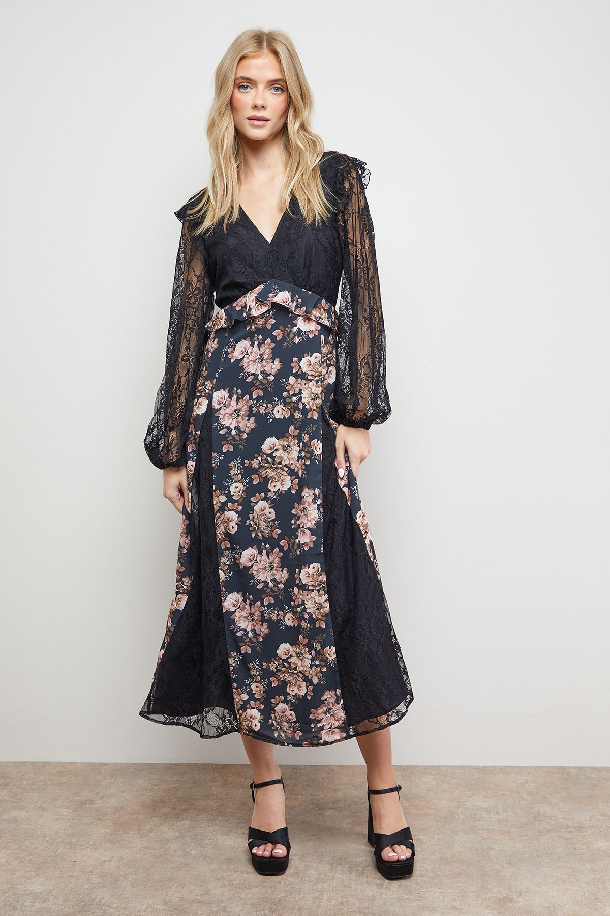 Oasis Lace Mix Midi Dress Floral