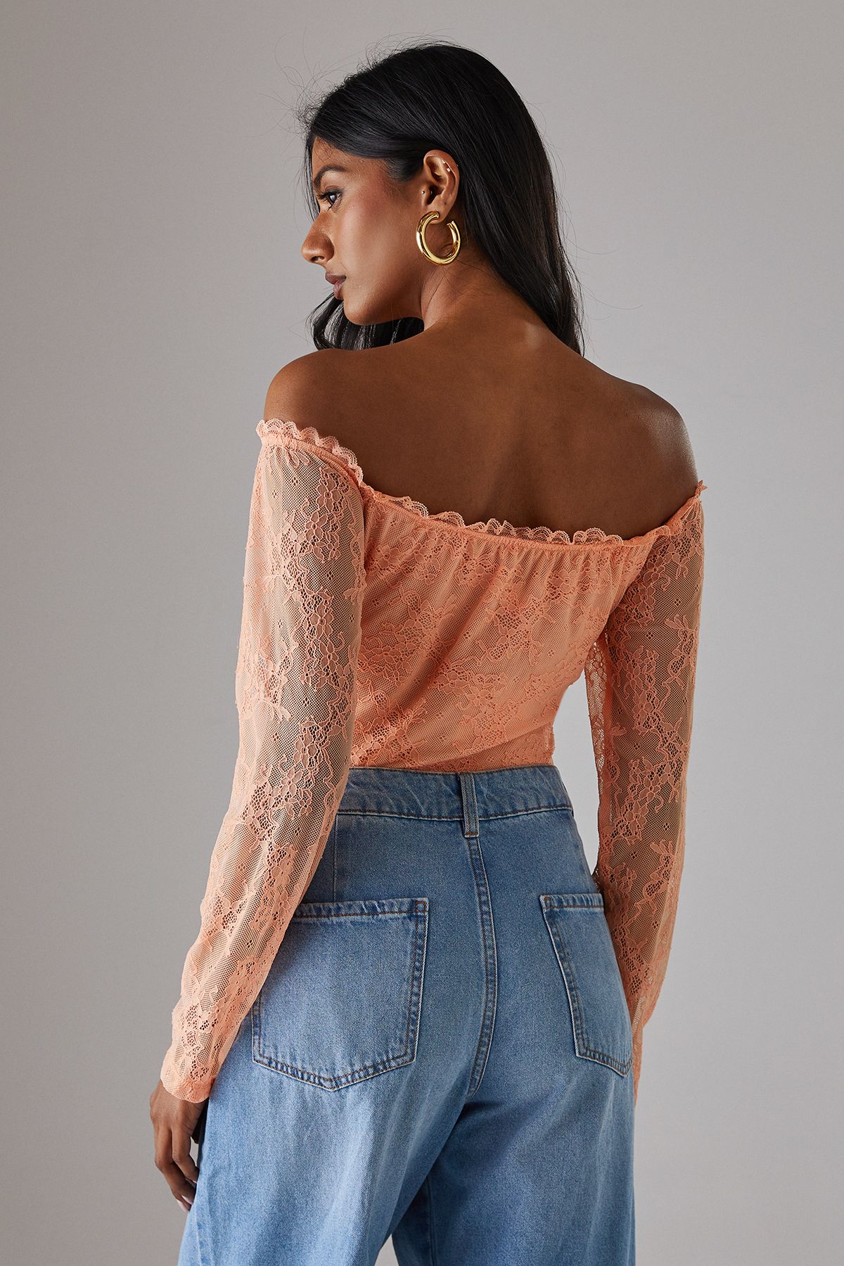 Warehouse Lace Bardot Bow Detail Bodysuit Peach image 3