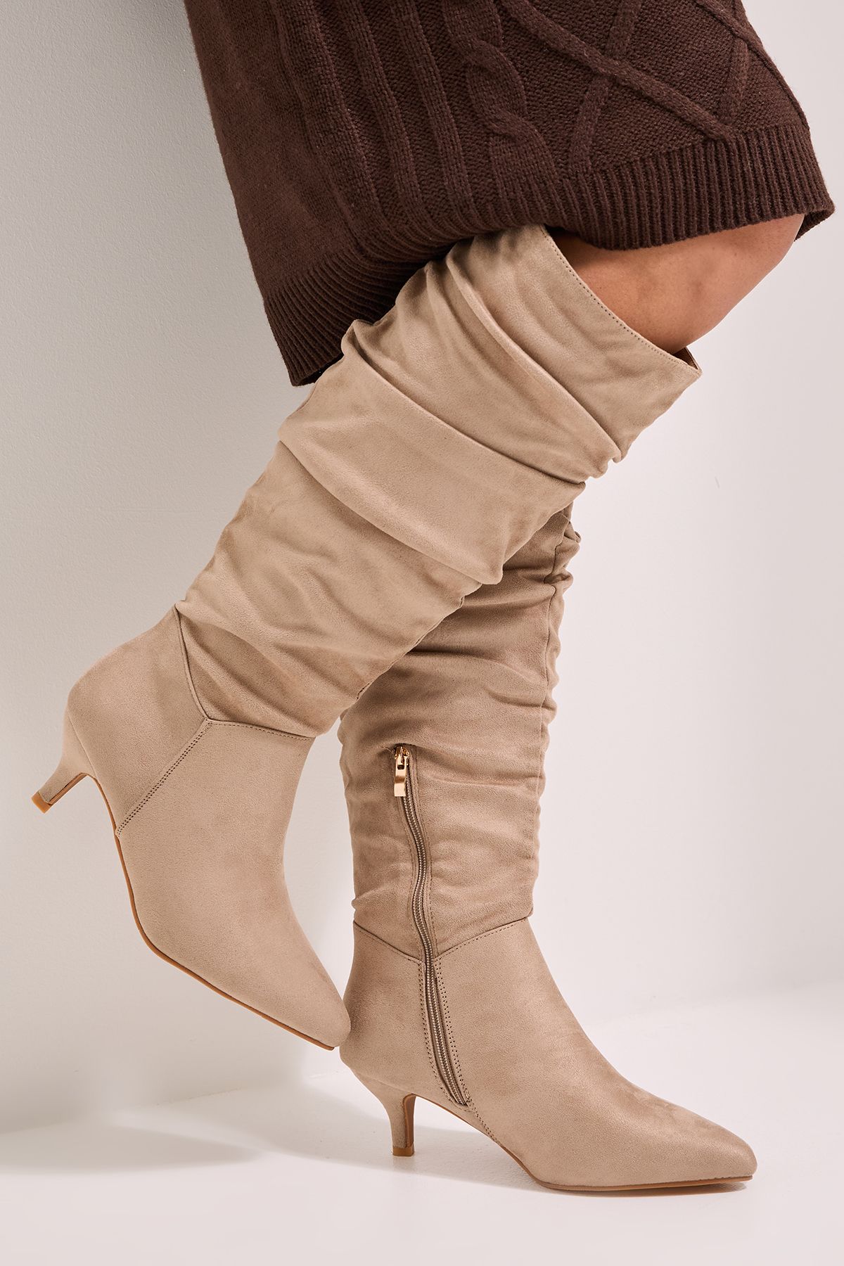 Dorothy Perkins Wide Fit Khloe Faux Suede Kitten Heel Knee High Ruched Boots Beige image 1