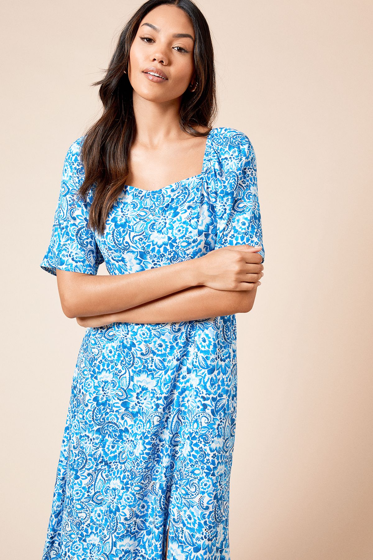 Dorothy Perkins Blue Square Neck Angel Sleeve Midi Dress Blue image 2